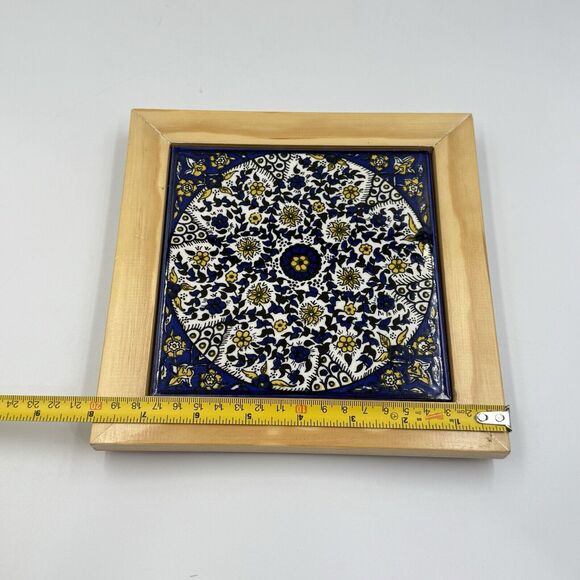 Barbour Ceramics Tile 8x8 square Stand Wood Cobalt Blue and White Yellow Flowers - Picture 14 of 16